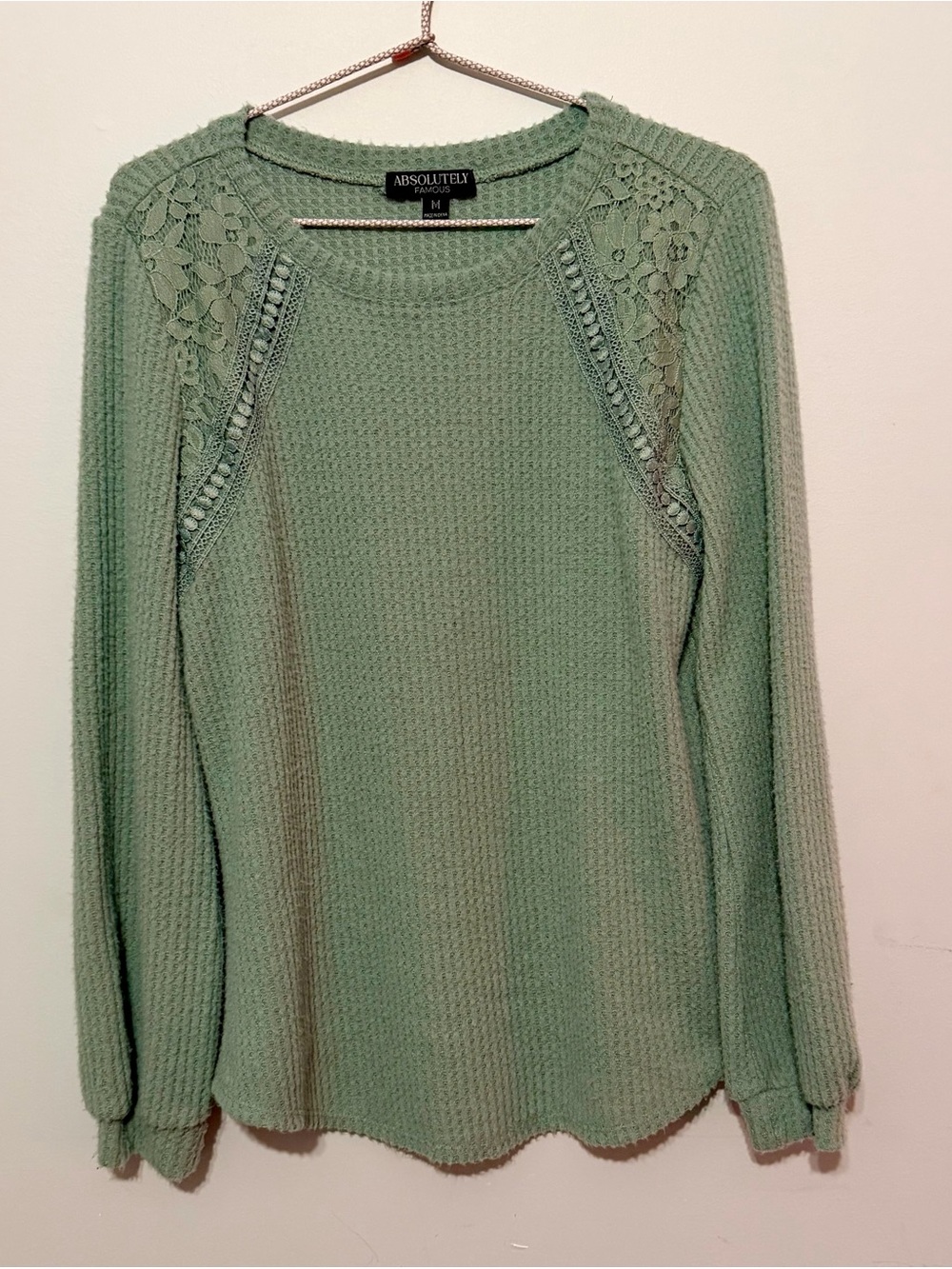 Absolutely Famous Green Lace-Accent Crewneck Sweater